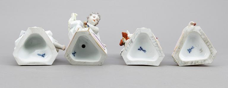 FIGURINER, 4 st, porslin, Meissen, omkring sekelskiftet 1900.