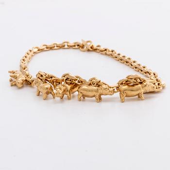 GOLD NECKLACE 18K w 6 charms shaped as hippopotamuses, 110,8 g, Lomelius Malmö.