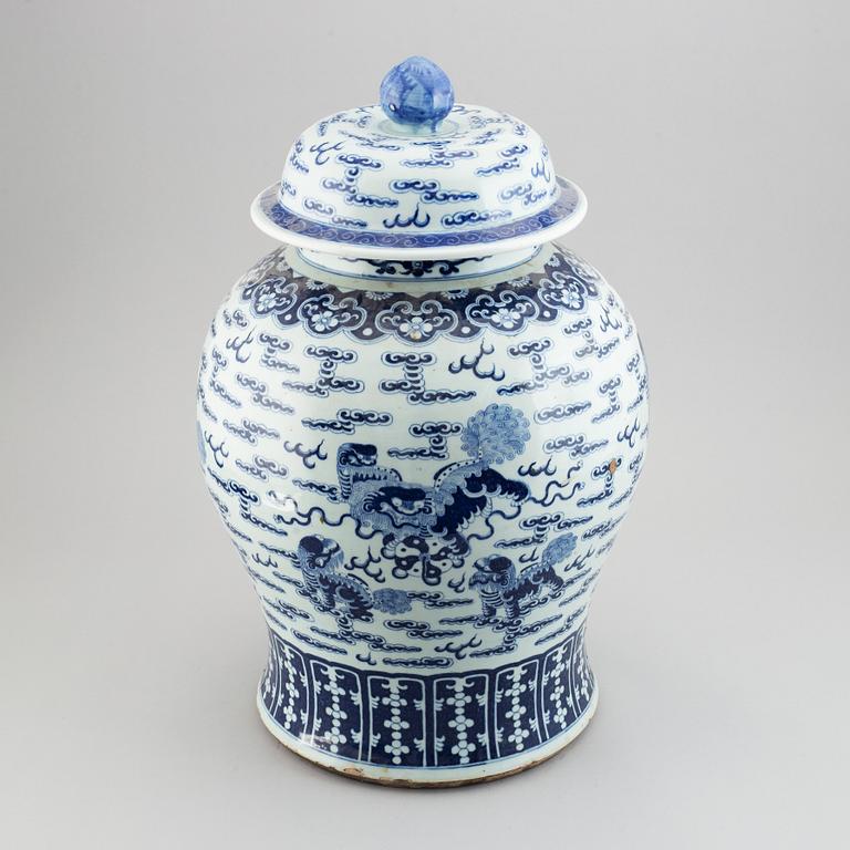 A large blue and white jar with cover, China, 20th Century.