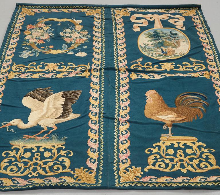 Broderade paneler, 4 st., ull på ylle, ca 186-190,5 x 131,5-137 cm per styck, troligen England 1700-tal.