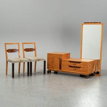 A dressing table with mirror and two chairs, 1930's.