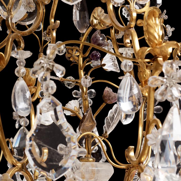 A French Louis XV-style six-branch gilt-bronze, rock crystal and amethyst chandelier, 19th century.