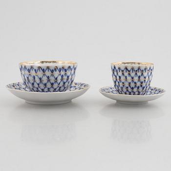 Tea and coffee service, 34 pieces, porcelain, "Cobalt Net", Lomonosov, Soviet Union.