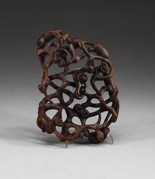 A large pale celadon nephrite brush washer with a wooden stand, Qing dynasty.