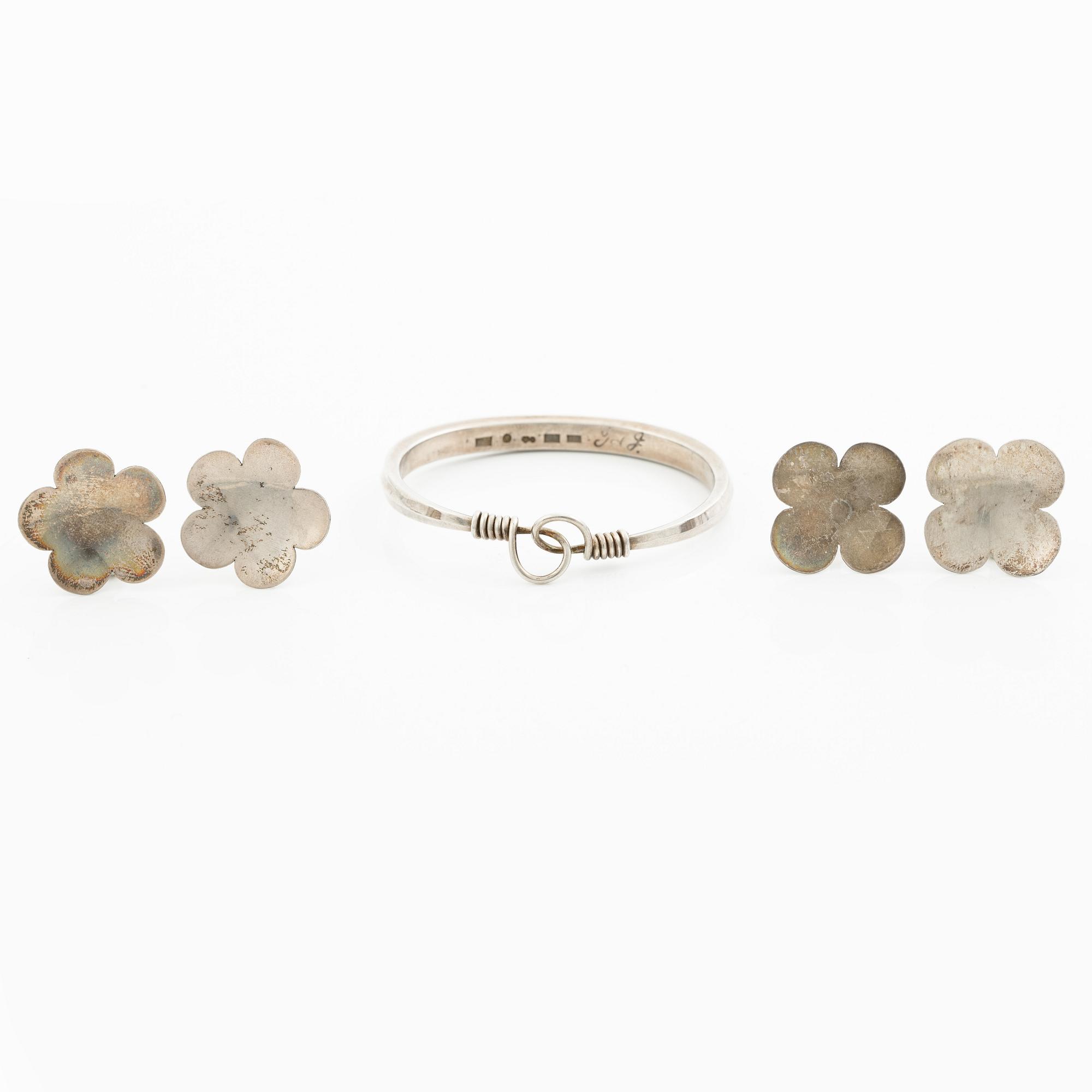 A bracelet and two pairs of earrings, silver, including E Ohlsson, Stockholm 1977.