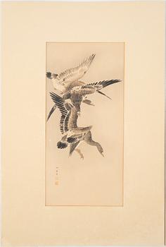 Akvareller på papper, tre stycken, Japan, 1900-tal.