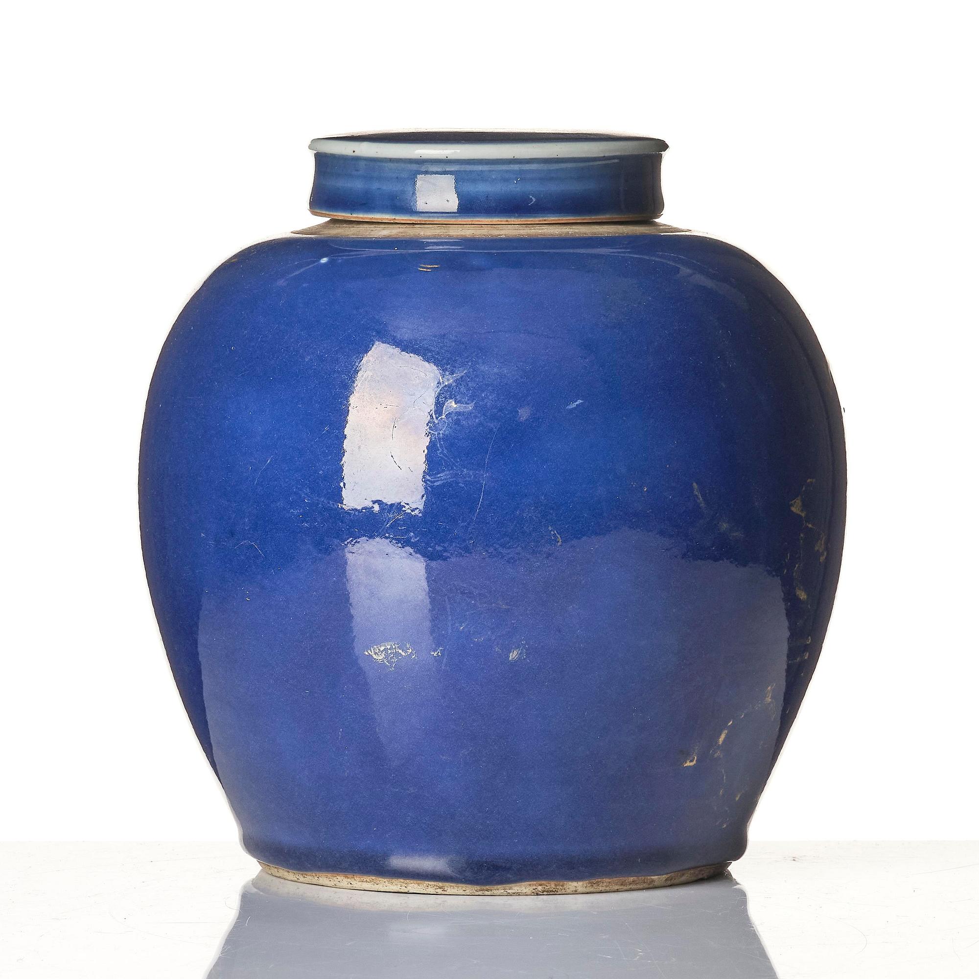 A powder blue jar with cover, Qing dynasty with Qianlong mark and of the period (1736-95).