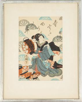 UTAGAWA KUNISADA (TOYOKUNI III) (1786–1864), ALBUMBLAD från BOK, sex blad, färgträsnitt. Japan, 1800-tal.