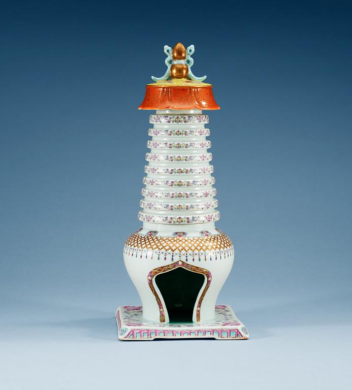 A famille rose stupa, presumably early 20th Century with Qianlong's seal mark in gold.