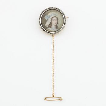 Brooch in gold with miniature portrait, wreath with rose-cut diamonds.