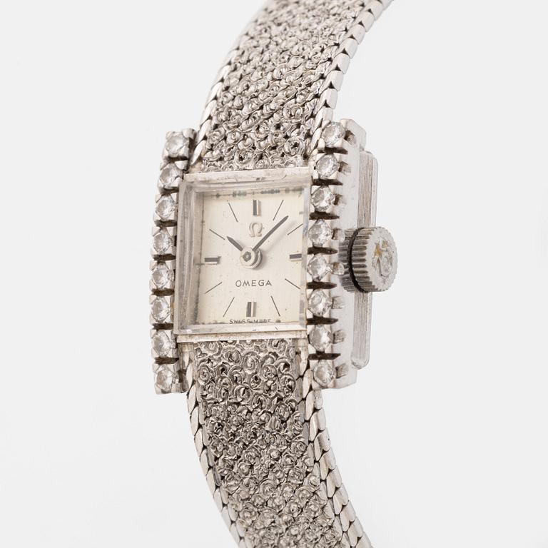 Omega, armbandsur, 18K vitguld med briljantslipade diamanter.
