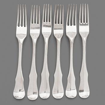 7. A set of six Swedish 18th century silver dinner-forks, mark of Kilian Kelson, Stockholm 1752-1754.