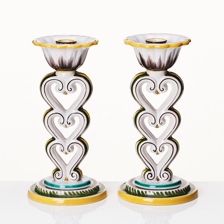 Arthur Percy, a Swedish Grace  lidded faience bowl and a pair of candlesticks,  Gefle Porslinsfabrik 1920s-1930s.