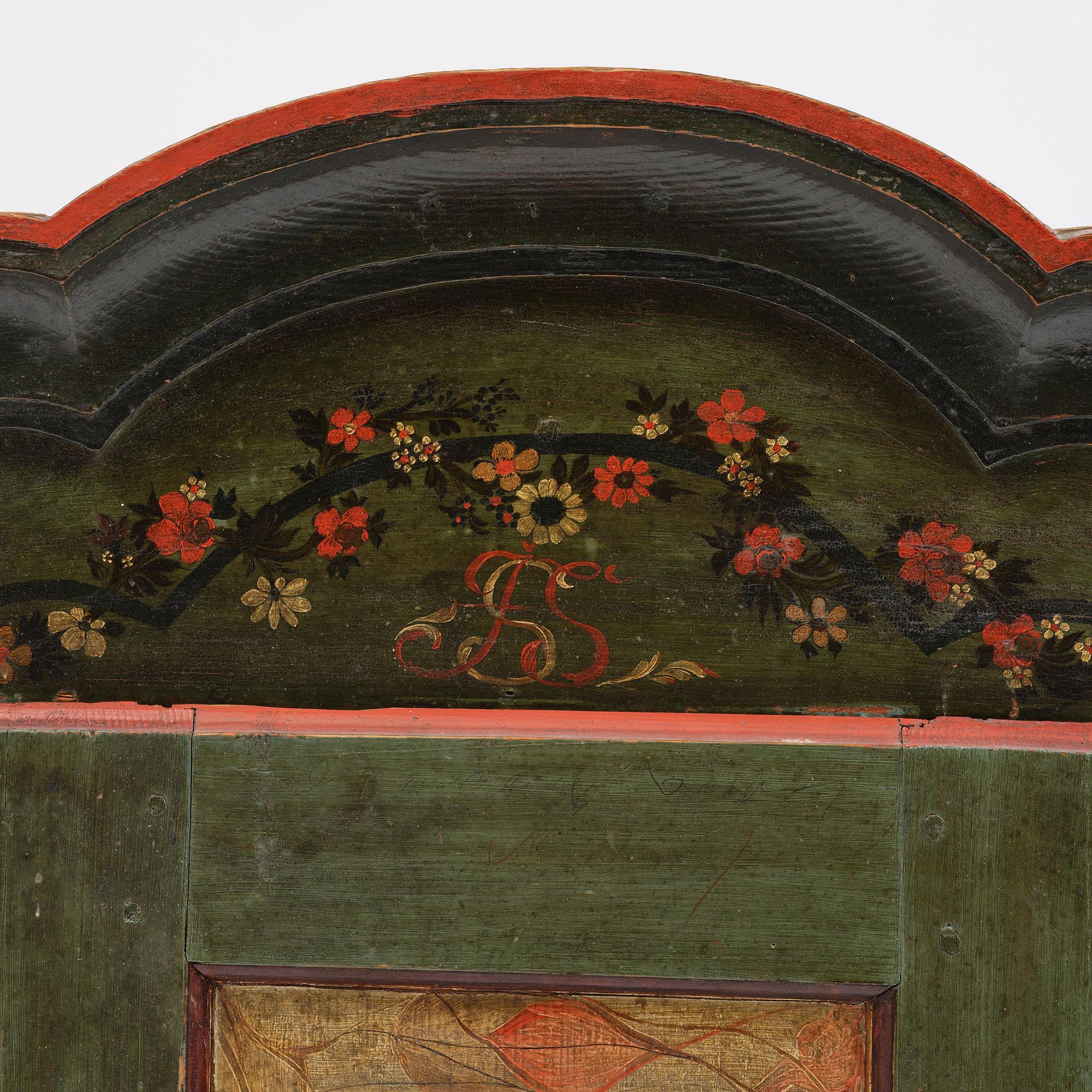 Hängskåp, allmoge, av Jöns Månsson, Forsa, Hälsingland, märkt JSS 1792.