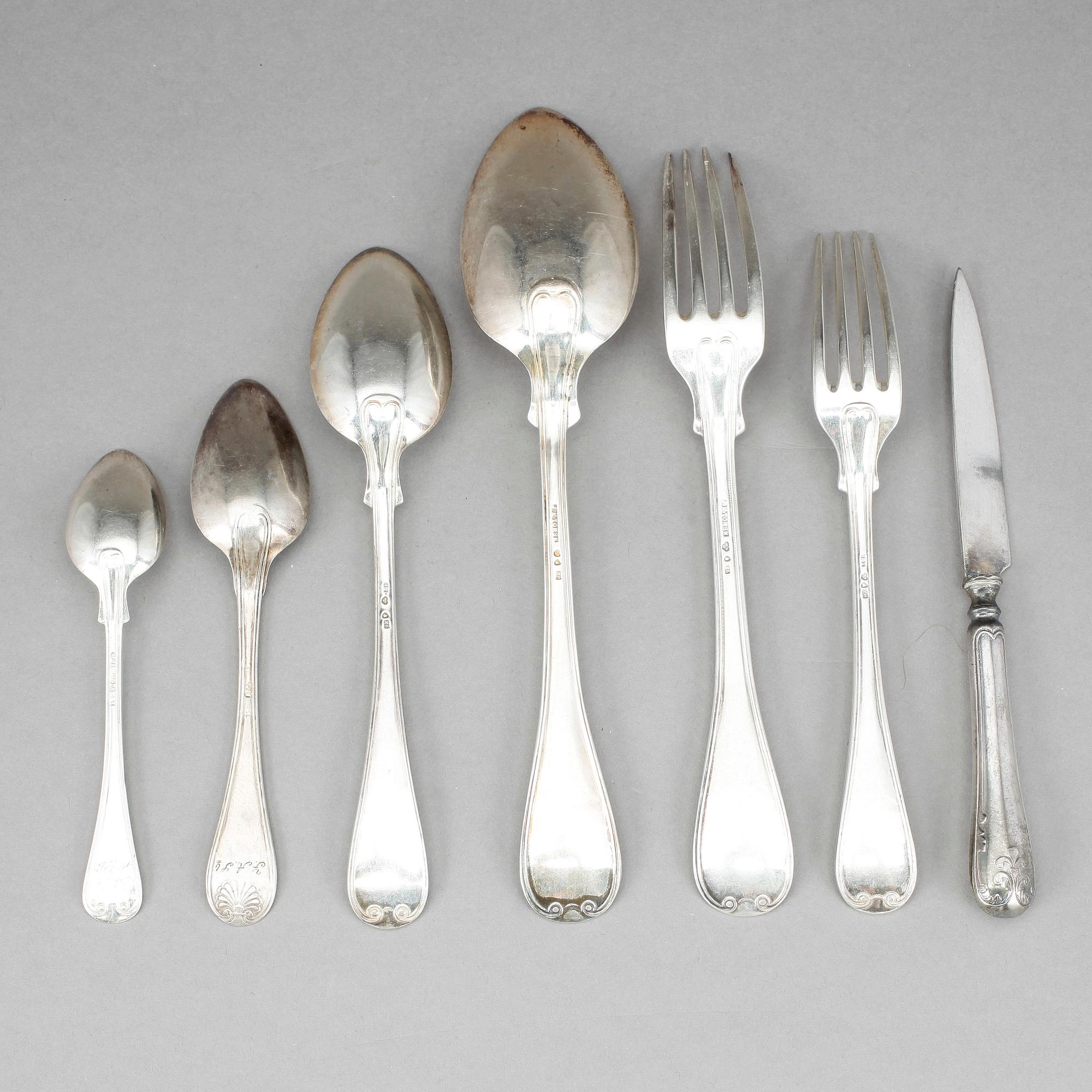 BESTICKSERVISDELAR, ca 40 st, silver, "Gammal fransk", bla Jakob Engelberth Torsk, Stockholm, 1902.Vikt ca 1961g.