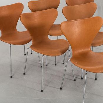 A SET OF 6 ARNE JACOBSEN "SERIES 7" CHAIRS BY FRITZ HANSEN.