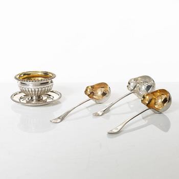 A set of three Swedish silver sauce ladles and a small sauce bowl, mark of Johan Petter Grönwall,  Stockholm 1824-37.