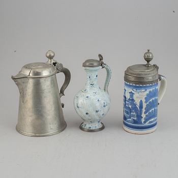 A group of three pewter and faience ewers, Holland/Germany, 18th/19th Century.