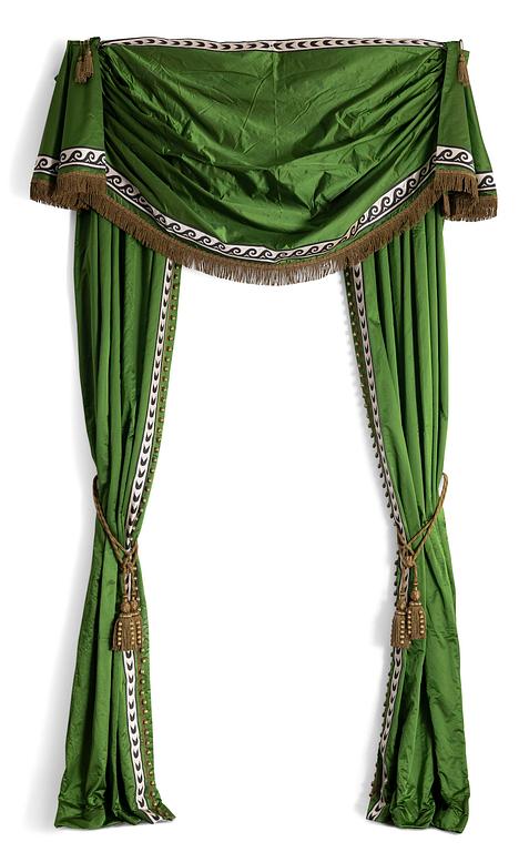 Curtains, a pair, green silk with ribbon embroidery.