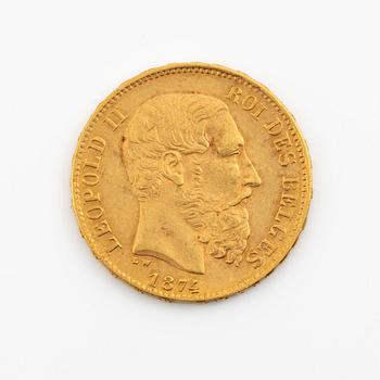 Gold coin, Belgium, Leopold II, 20 Franc, 1874.