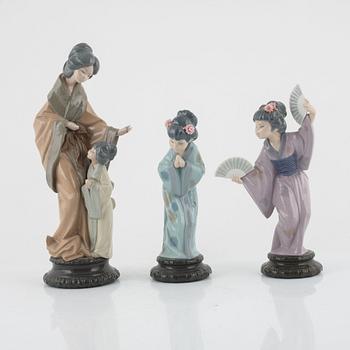 Three porcelain figurines, Lladró and Nau, Spain.
