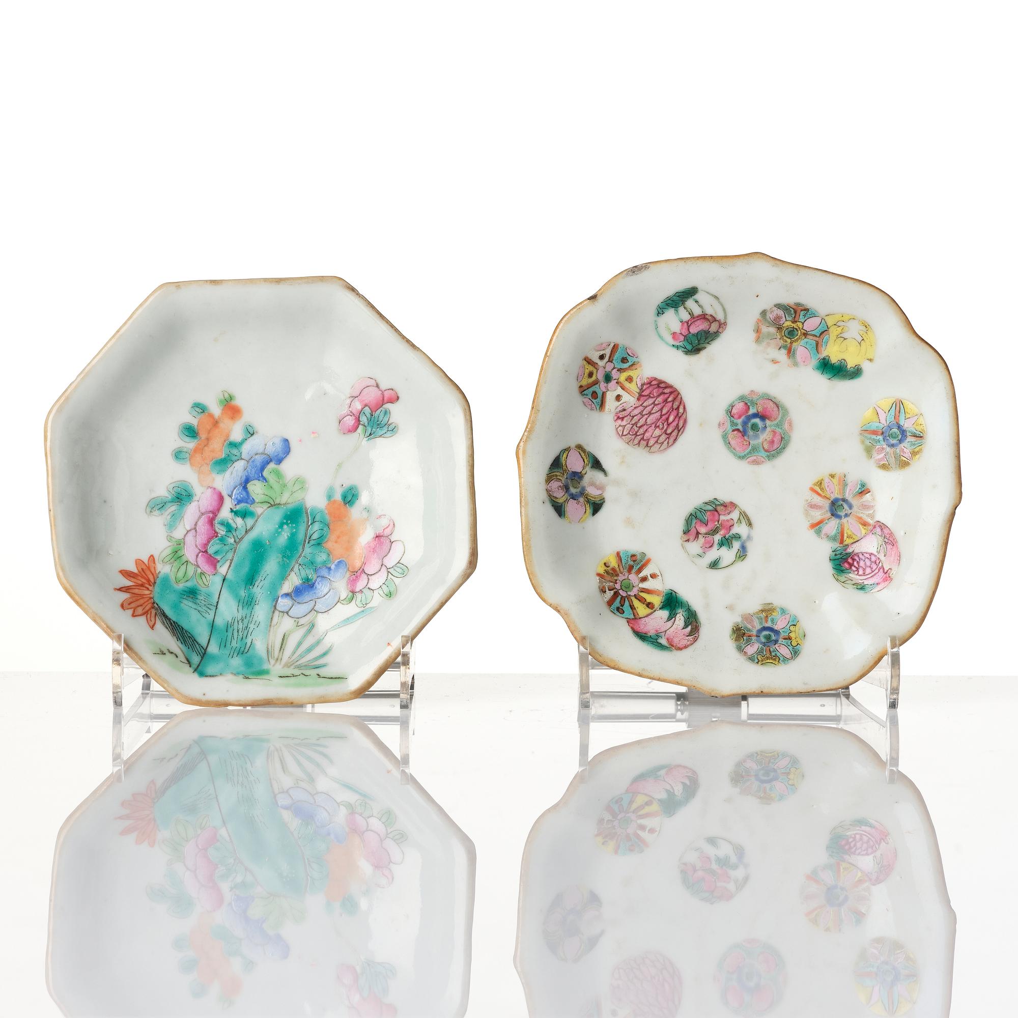 Two Chinese famille rose porcelain dishes and a censer, a pair of enamel spoons, Qing dynasty.