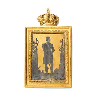 An etched and gilded steel plaque of King Carl XIV Johan,  signed by Carl Gustaf Liljedahl,  first half 19th century.