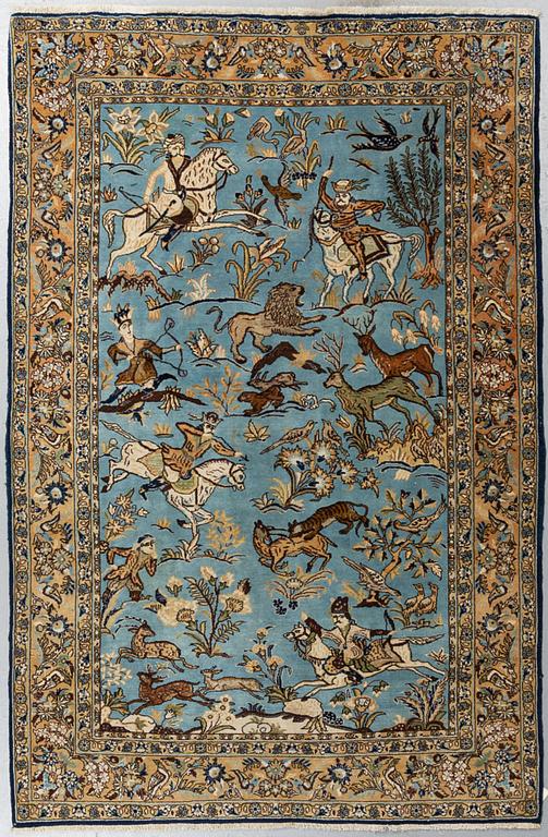 Matto, old Qum figural part silk, ca 213 x 135,5-139 cm.