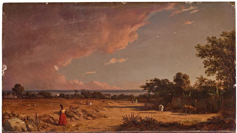 William Daniell Attributed to, View with figures, likely towards the Hooghley River and the Bay of Bengal.