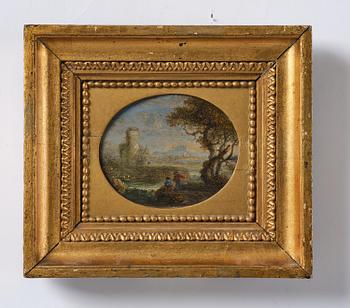Jan de Momper ("Monsu X"), Italienskt flodlandskap med figurer och kastell.