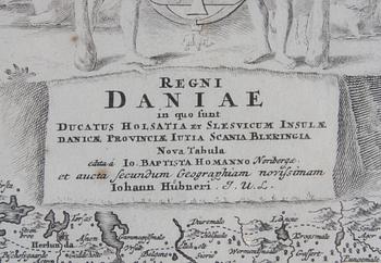 KARTA, Danmark. Kolorerad,  Joh. Homan, 1700-tal.