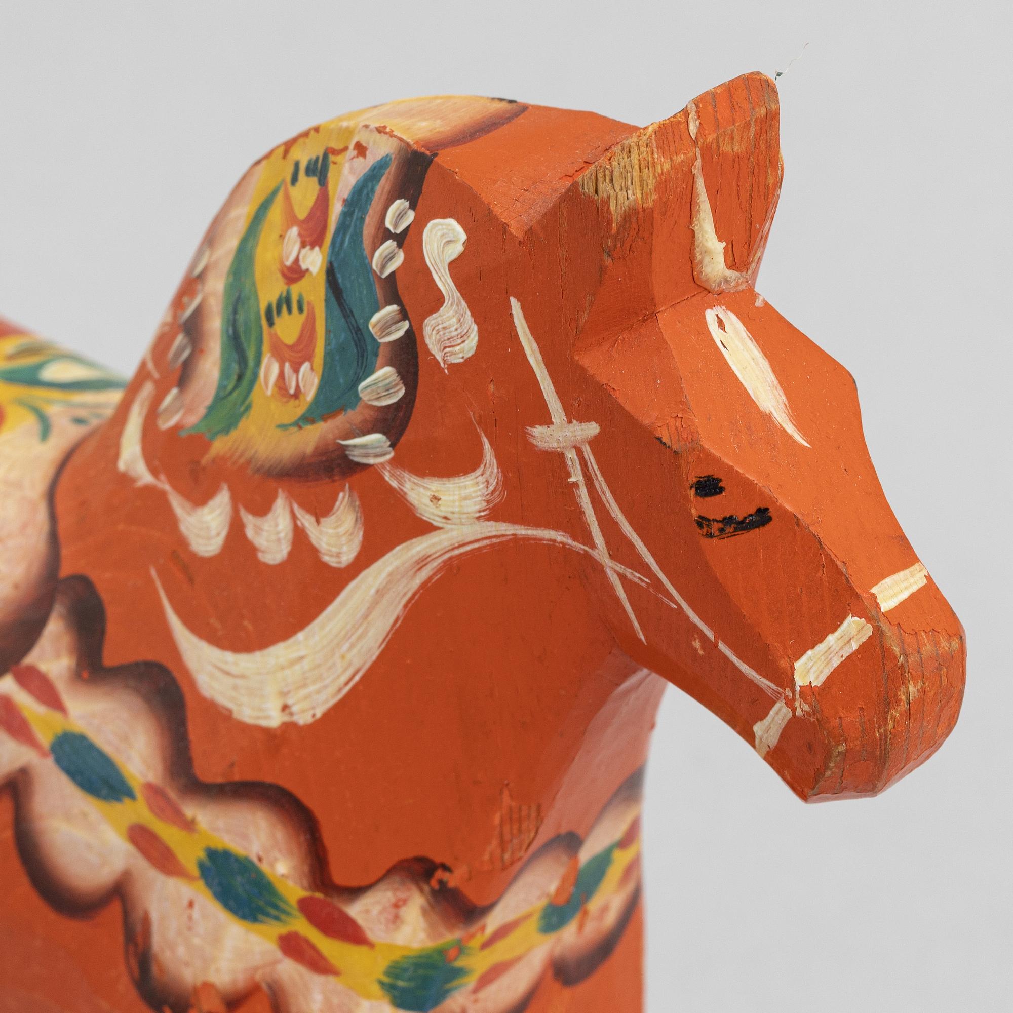 A set of painted wooden horses and roosters from Dalarna, Sweden, mid 20th century and late 20th century.