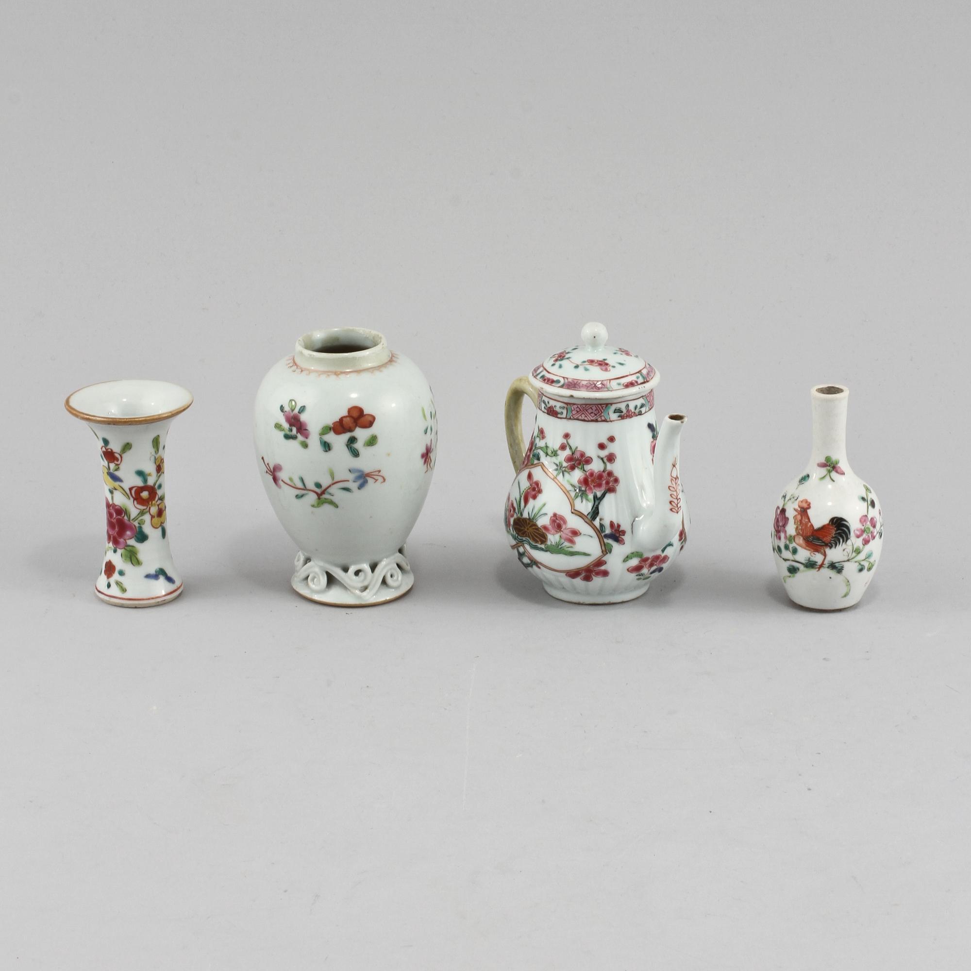 MINIATYRER, 4 delar, porslin, Kina, 1700/1800-tal.