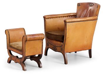 625. An Otto Schulz brown leather and fabric Easy Chair with Ottoman by Boet, Gothenburg 1930's.