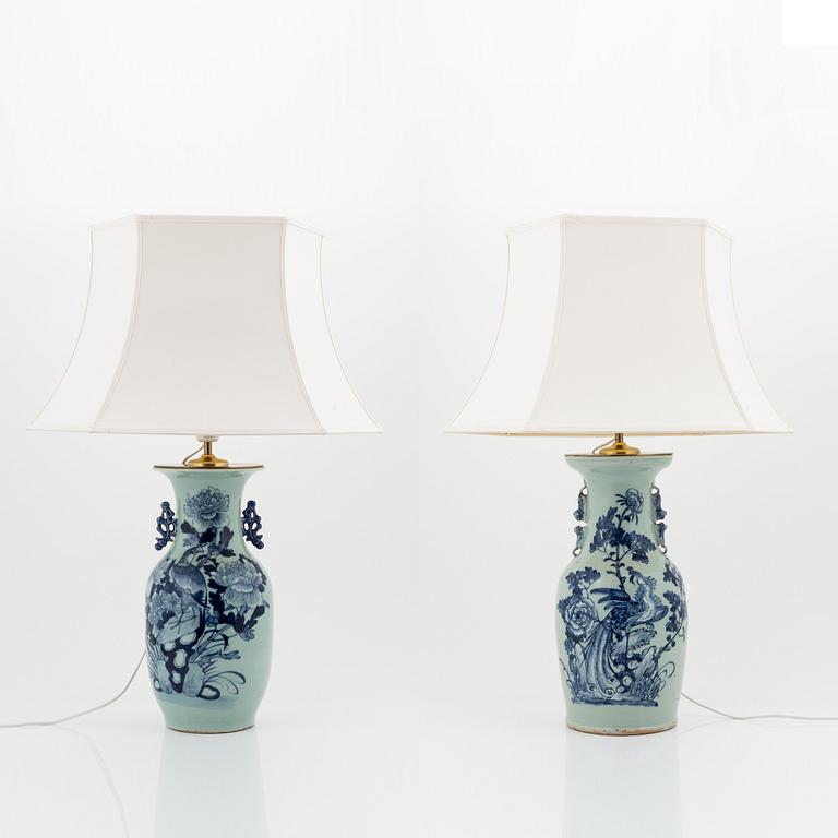 A matched pair of blue and white celadon ground vases moutned as table lamps, China, circa 1900.