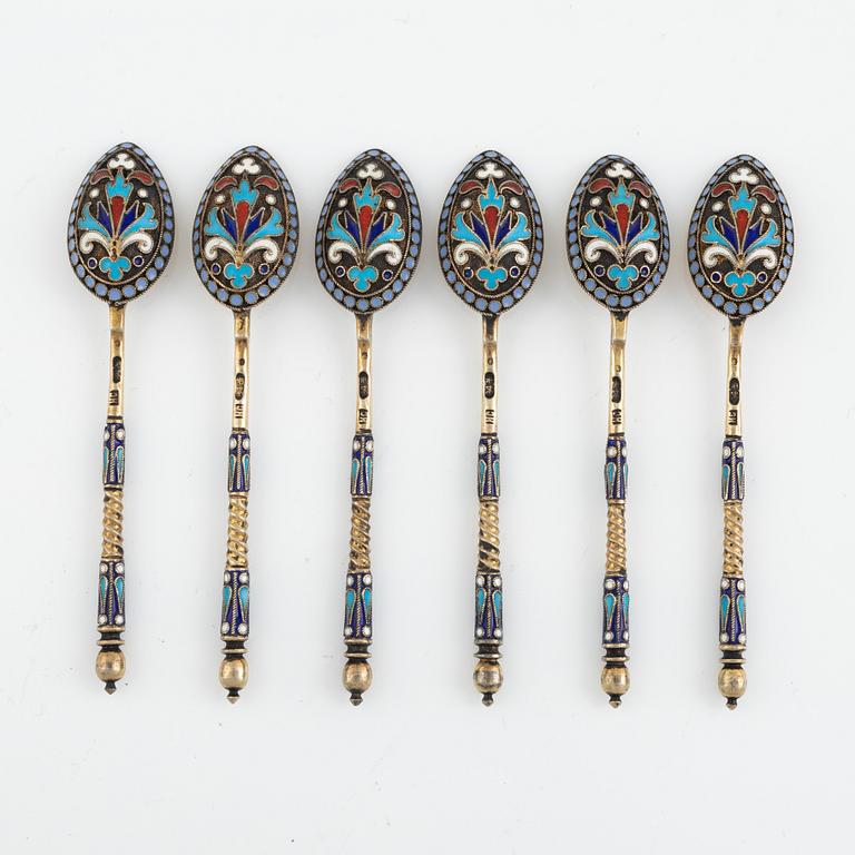 6 enamel spoons, Nikolaj Alexandrow Saposhnikow, Moscow, Russia, 1882-1890.