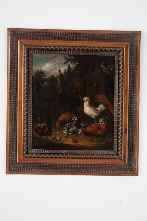 Melchior de Hondecoeter Circle of, Hens in a garden.