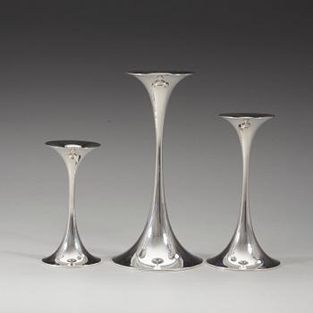 A set of three Tapio Wirkkala silver candlesticks Kultakeskus, Finland 1978.