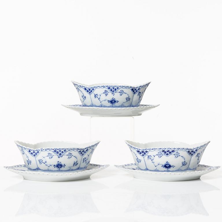 Royal Copenhagen, three sauceboats, 'Blue Fluted Full Lace', Denmark, 1979-83.