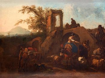 1114. NICOLAES BERCHEM, olja på duk, signerad. Italienskt landskap med en dam på åsna, herdar och får.