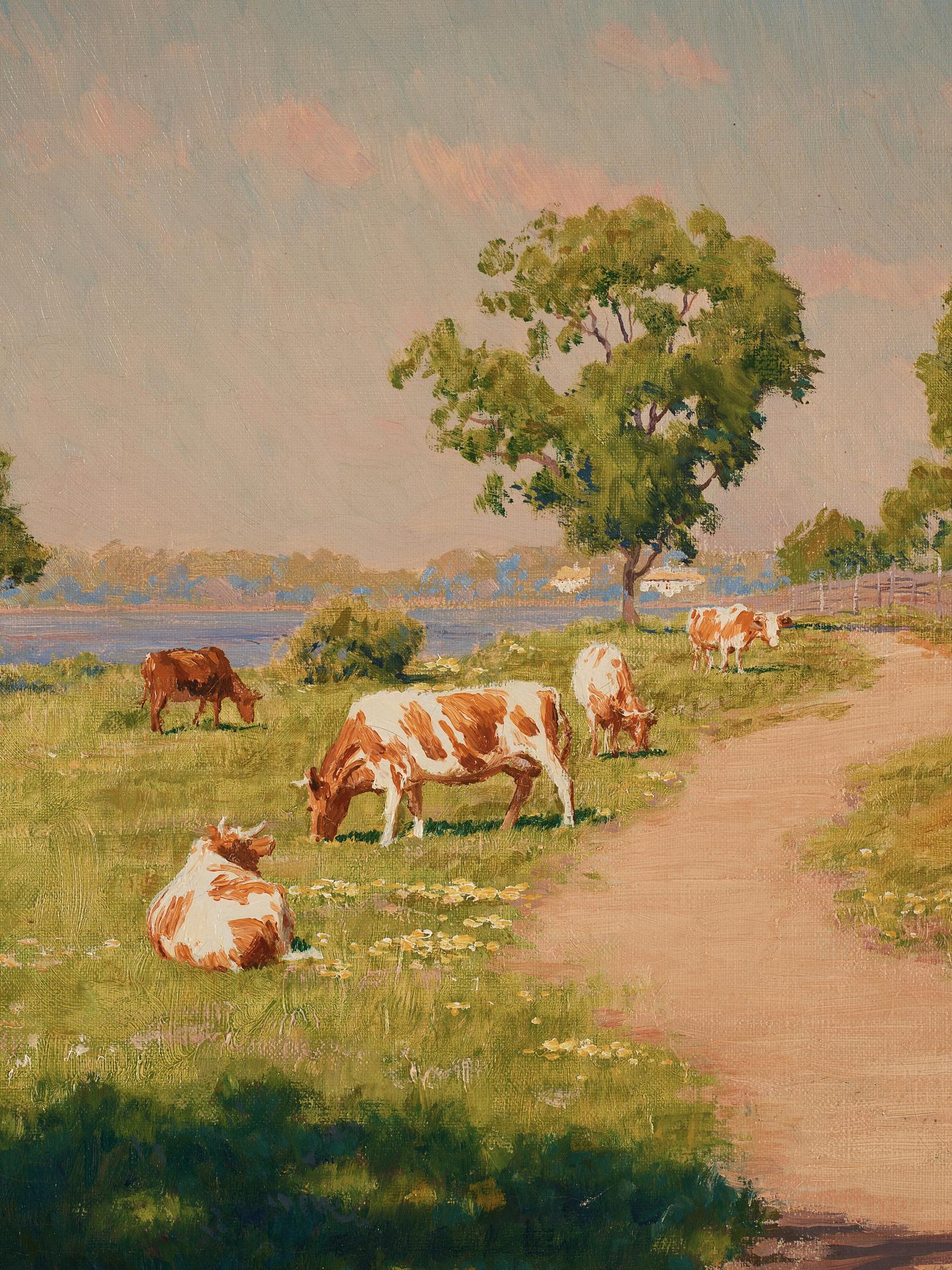 Johan Krouthén, Sommarlandskap med stuga, sjö och kor.