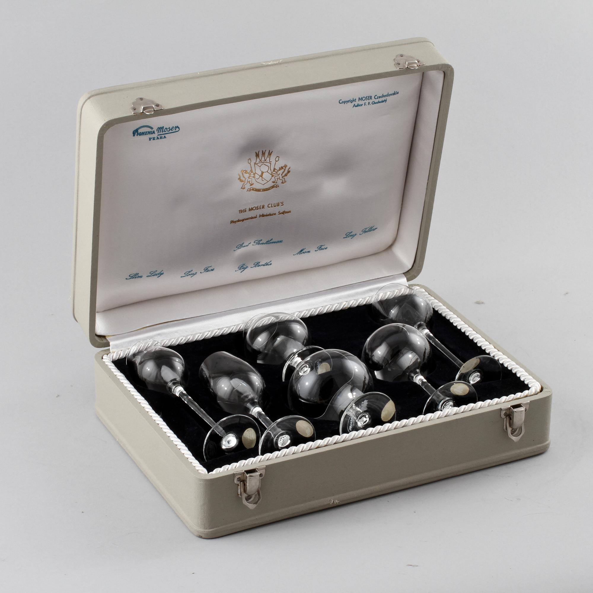 GLAS, 6 st, Moser Club's Physiognomical Miniature Snifters, Moser, Tjeckoslovakien, 1950/60-tal.