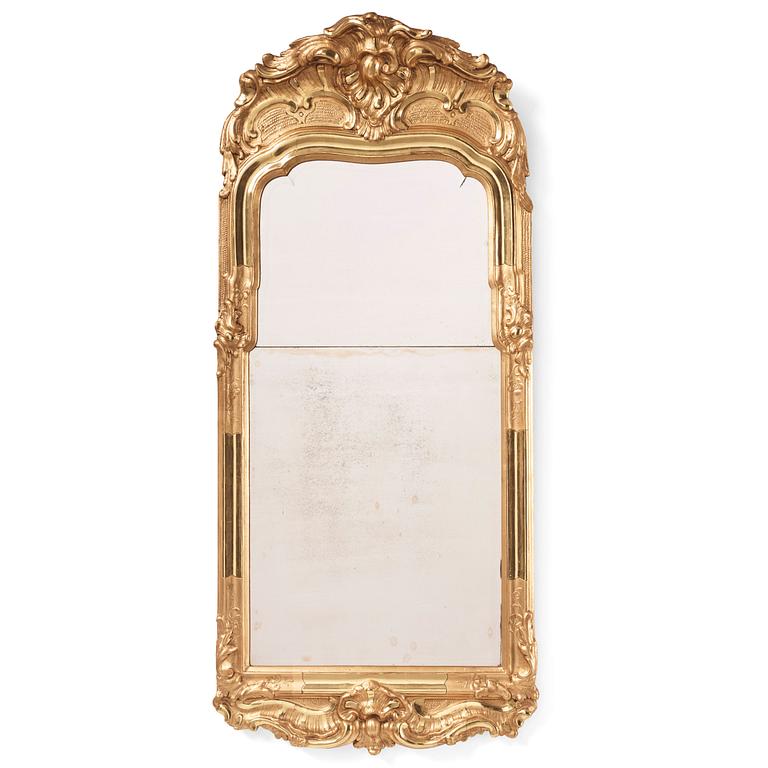 A Swedish rococo giltwood mirror, later part of the 18th century.