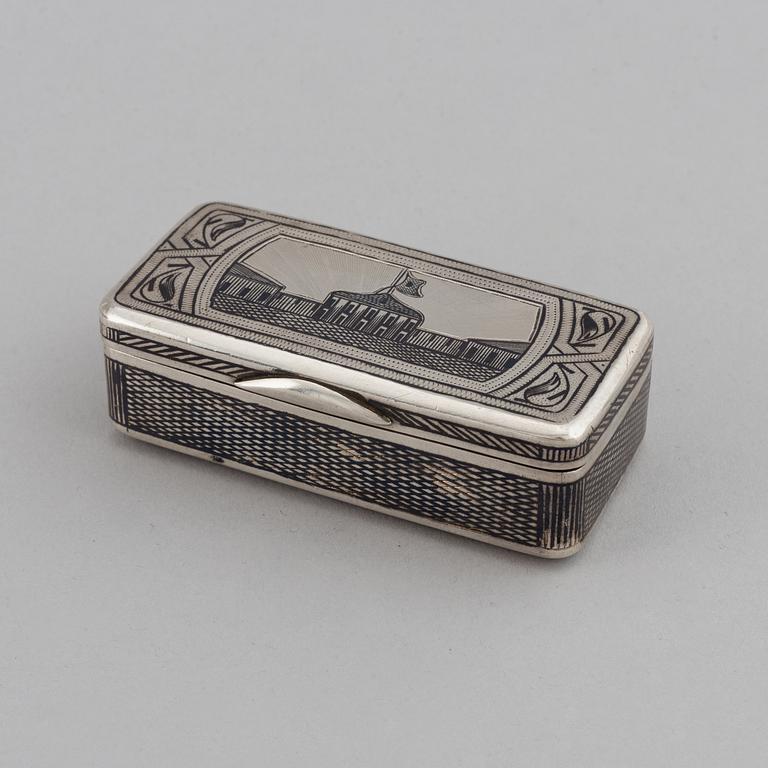 A Russian parcel-gilt silver niello box, unidentified makers mark, Moscow 1888.