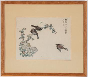 Three Chinese colour woodblock prints from album, early 20th century.