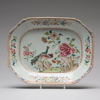 A pair of famille rose 'double peacock' serving dishes, Qing dynasty, Qianlong (1736-95).