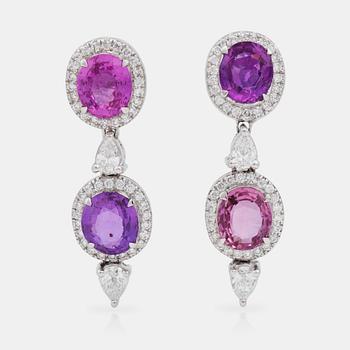1175. A pair of 6.63 ct pink sapphire and 1.32 ct pear and brilliant-cut diamond earrings.