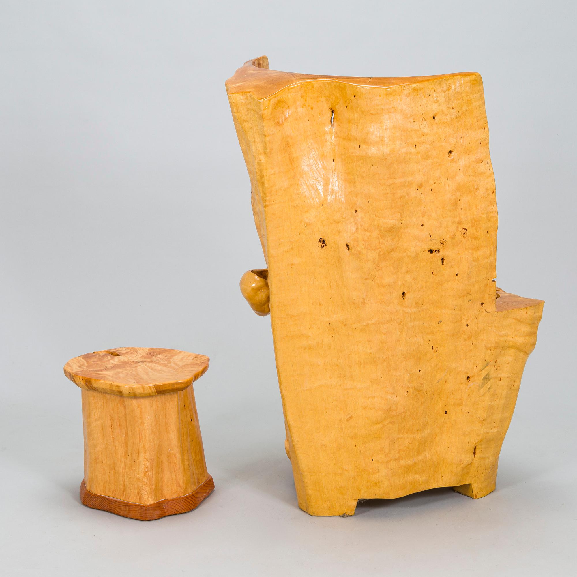 Mauri Haapiainen, a late 20th century masur birch chair and stool.