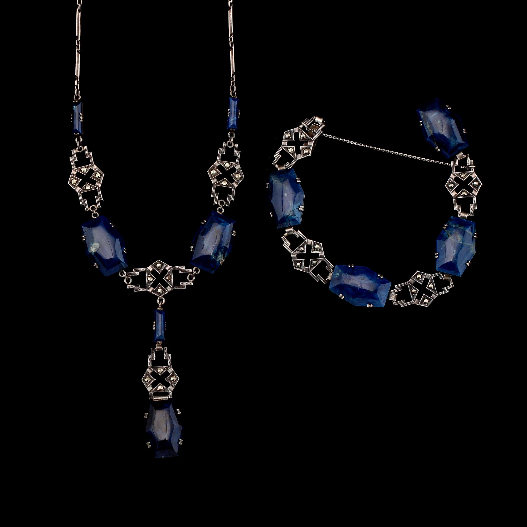 GARNITYR, 2 delar, art déco, silver, lapis lazuli och markasiter.