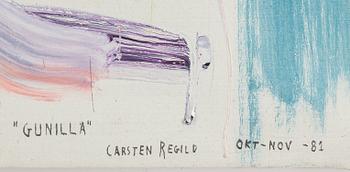 Carsten Regild, assemblage, mixed media and collage oh canvas. Signerad och daterad okt-nov -81 on verso.